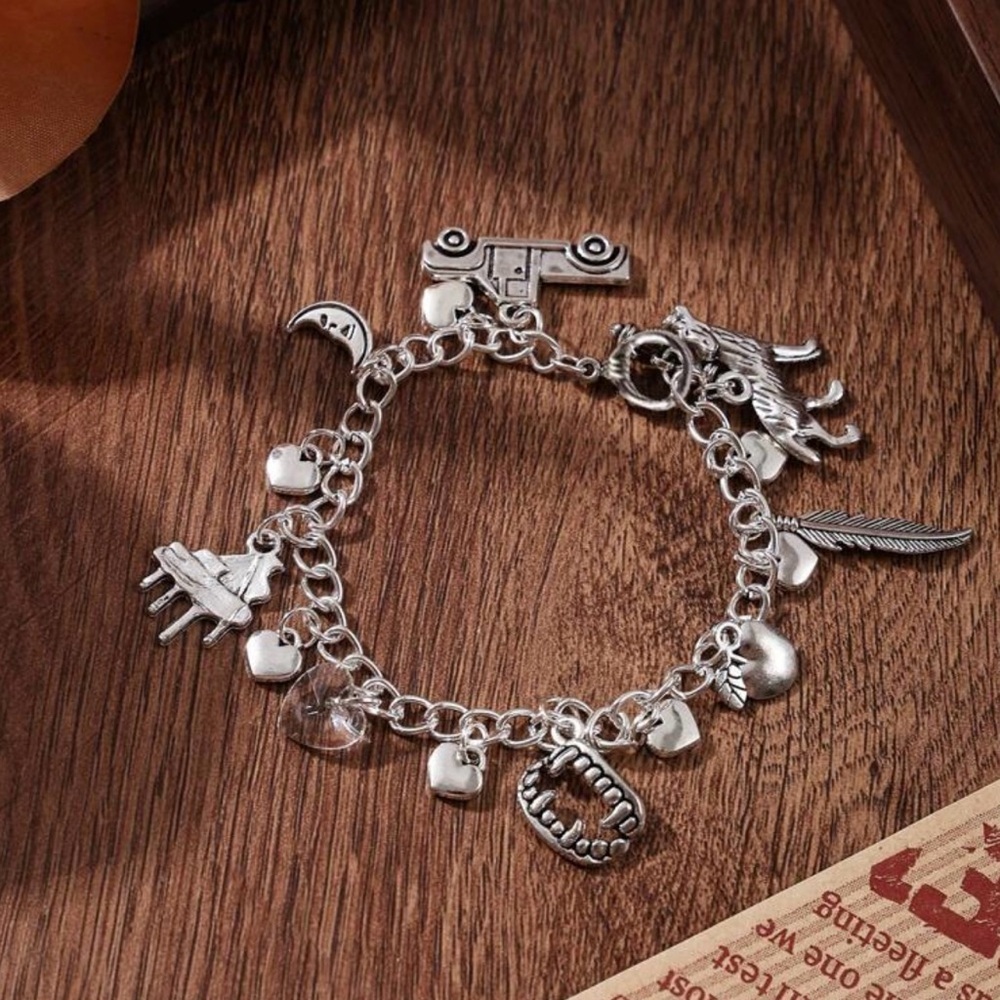 Gothic Twilight Vampire Bracelet Silver Tone, Engraved Charms Werewolf, Fangs